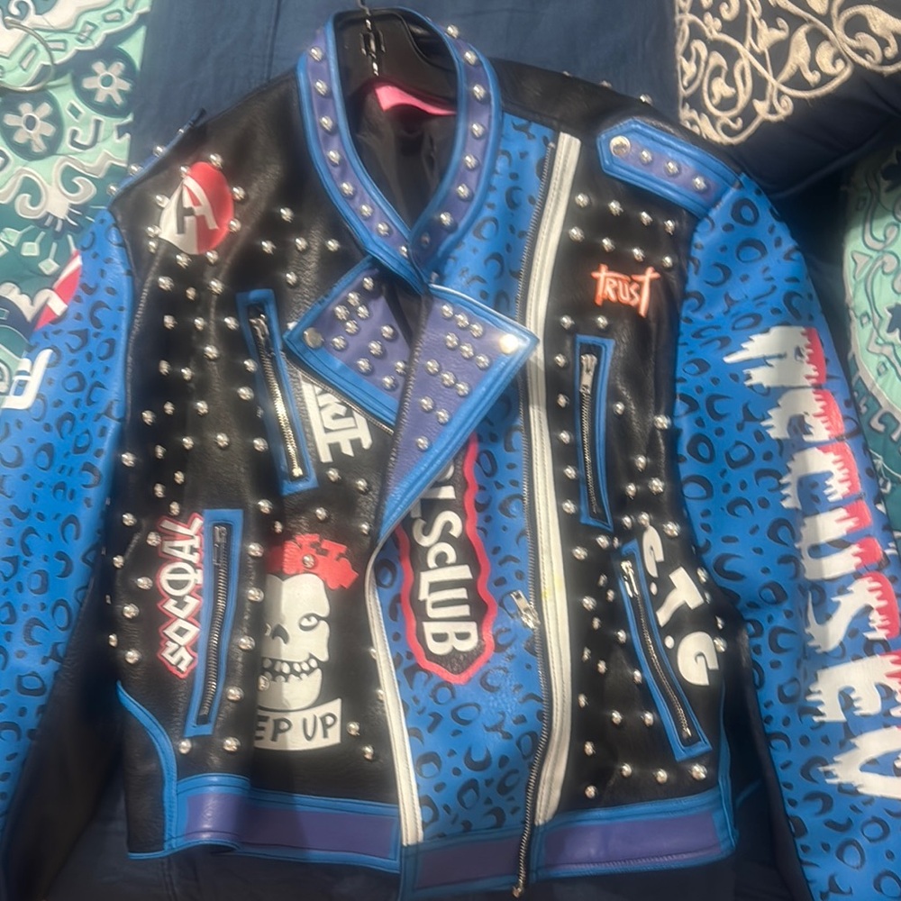 Electric Blue and Black Leather Jacket with Studded Details